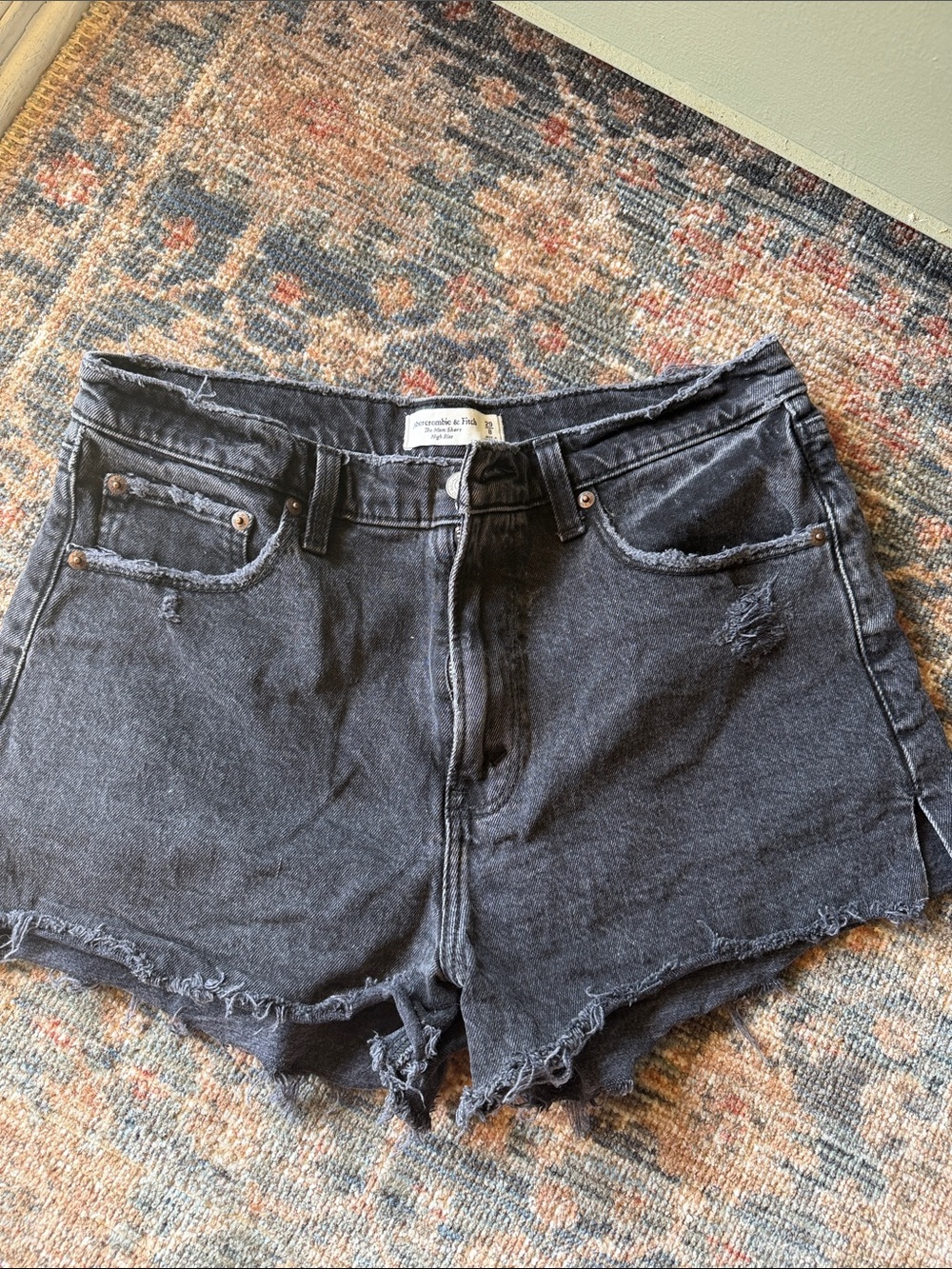 Abercrombie & Fitch Charcoal Black Distressed Denim Shorts gently used size 29.